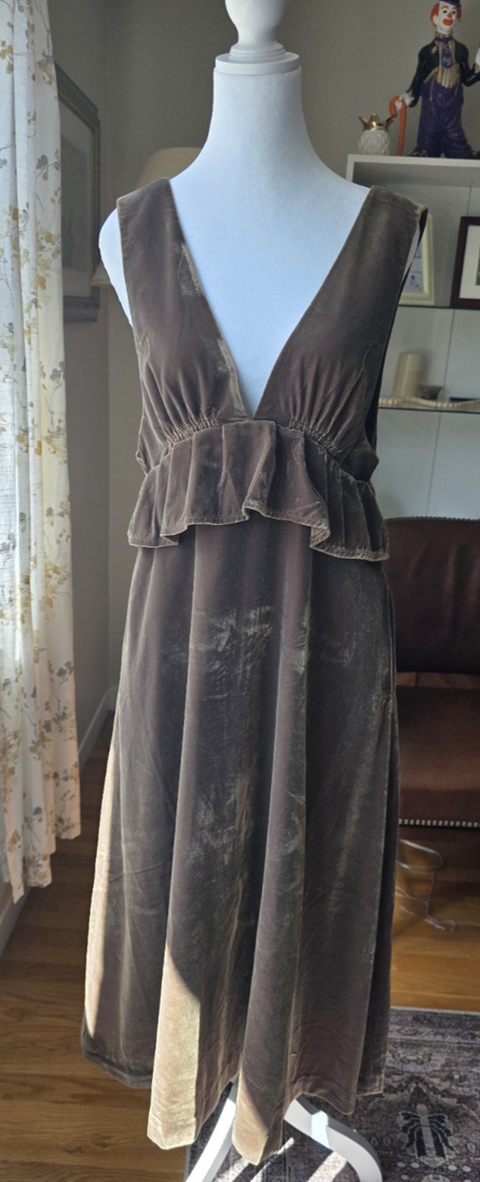 VTG Green Brown Velvet Deep V-Neck Ruffle Lined Pockets WhimsyGoth Fairy Dress